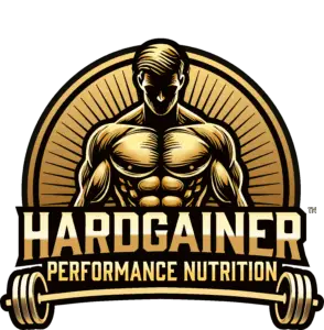 Logo von Hardgainer Performance Nutrition – muskulöse Figur mit Schild und Hantel