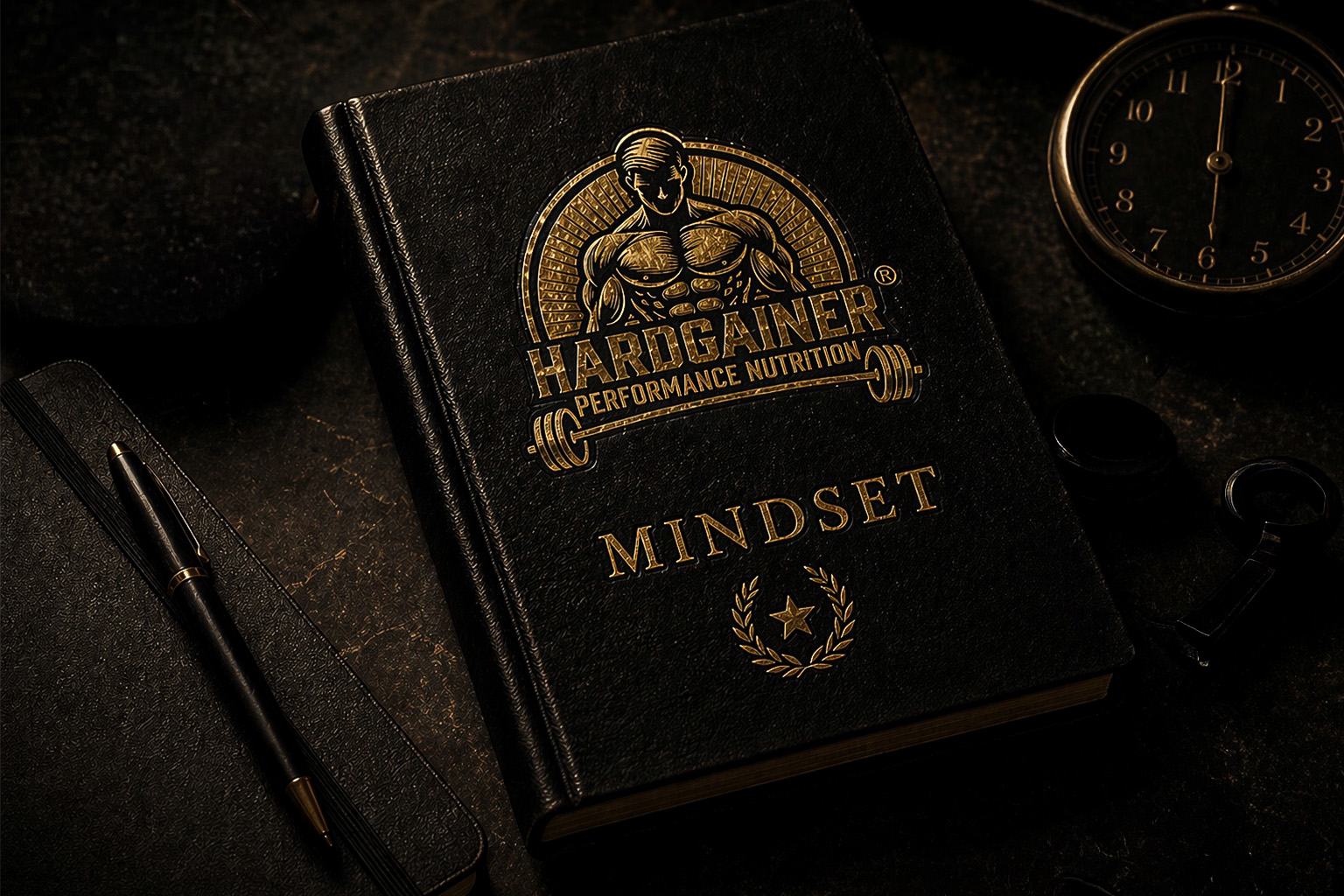 Ledergebundener Hardgainer Mindset Kodex mit goldener Prägung und Lorbeerkranz umgeben von Taschenuhr Stift und Notizbuch als Symbol für innere Disziplin Identität und Geduld im Muskelaufbau