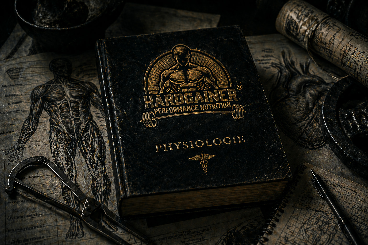 Ledergebundener Hardgainer Physiologie Kodex mit goldener Äskulapstab-Prägung anatomischer Muskelzeichnung und Herz-Modell als Symbol für die biologische Grundlage des Muskelaufbaus