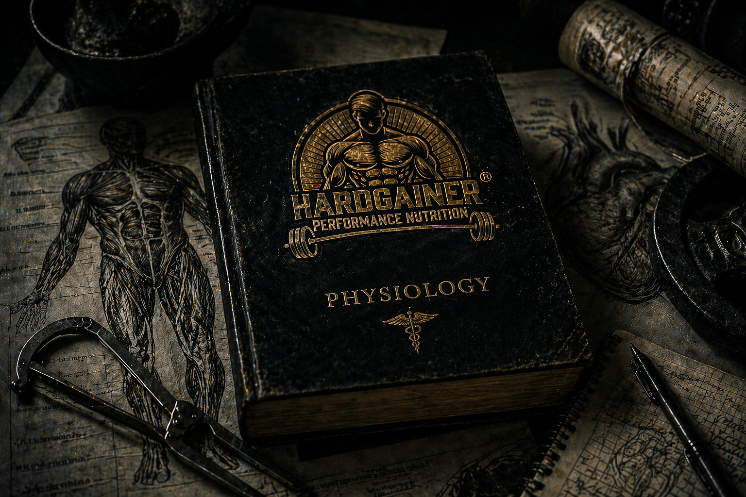 Leather-bound Hardgainer Physiology Codex with golden Rod of Asclepius embossing anatomical muscle drawing and heart model as a symbol of the biological foundation of muscle building