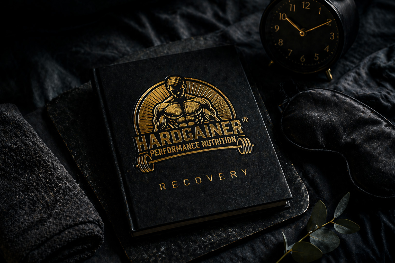 Leather-bound Hardgainer Recovery Codex with vintage alarm clock sleep mask and eucalyptus branch as a symbol of sleep and recovery in muscle building