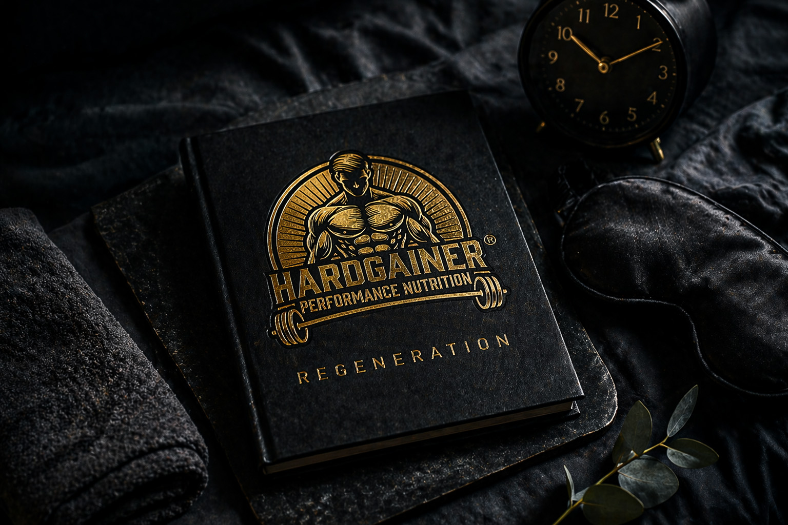 Ledergebundener Hardgainer Regeneration Kodex mit Vintage-Wecker Schlafmaske und Eukalyptuszweig als Symbol für Schlaf und Erholung im Muskelaufbau