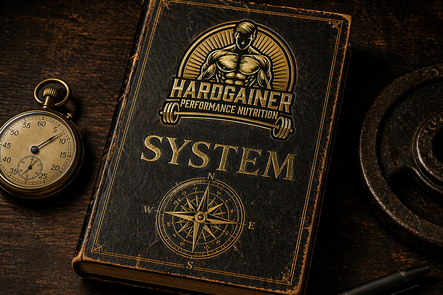 Gravierte Hardgainer System Platte mit goldener Prägung und Kompassrose umgeben von Stoppuhr Maßstab und Messinstrumenten als Symbol für die navigierbare messbare Steuerung des Muskelaufbaus