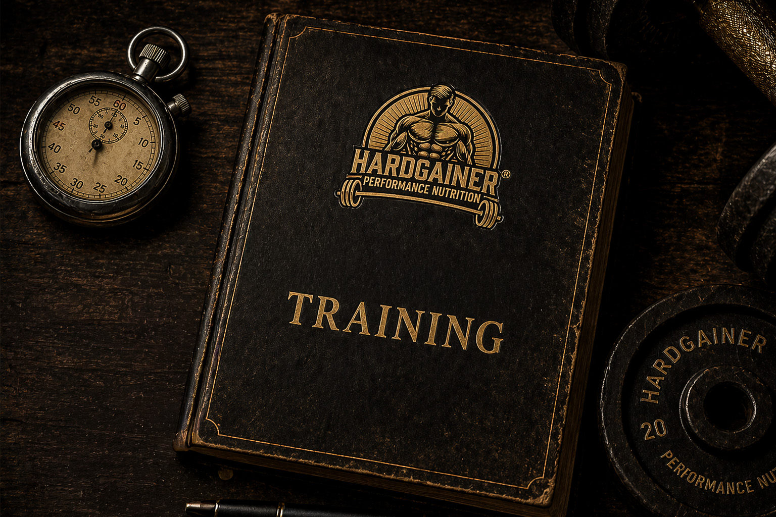 Ledergebundener Hardgainer Training Kodex mit goldener Prägung umgeben von Vintage-Stoppuhr und gravierter Gewichtsscheibe als Symbol für dosierte Trainingsreize und Progression im Muskelaufbau
