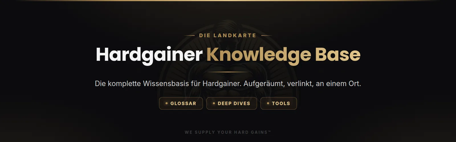 Hardgainer Knowledge Base, sechs Hauptthemen mit 30 Säulen und 66 Begriffen